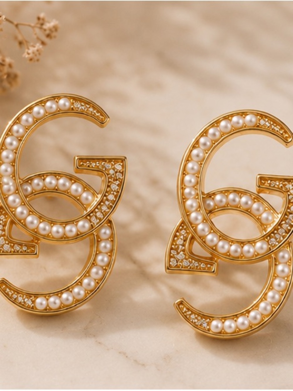 Designer Inspired Gold Pearl GG Logo Earrings - Women Jewelry